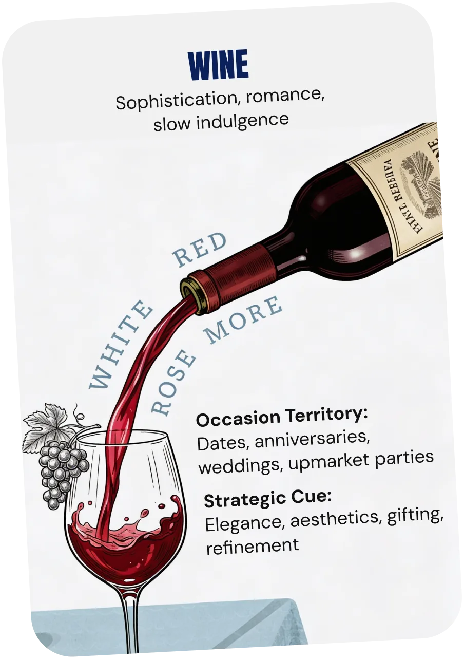 Wine — sophistication, romance, slow indulgence