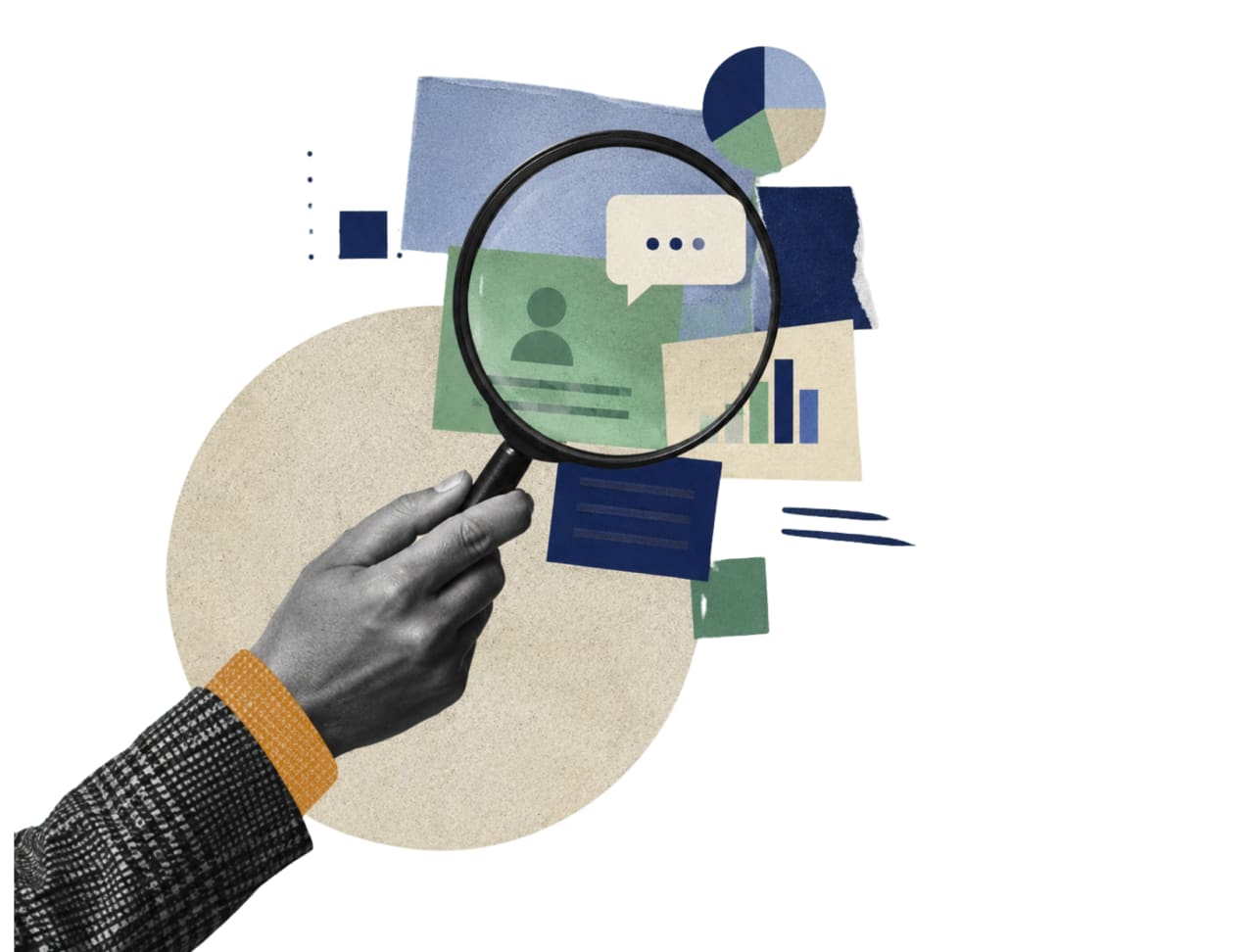 A hand holding a magnifying glass over research collage