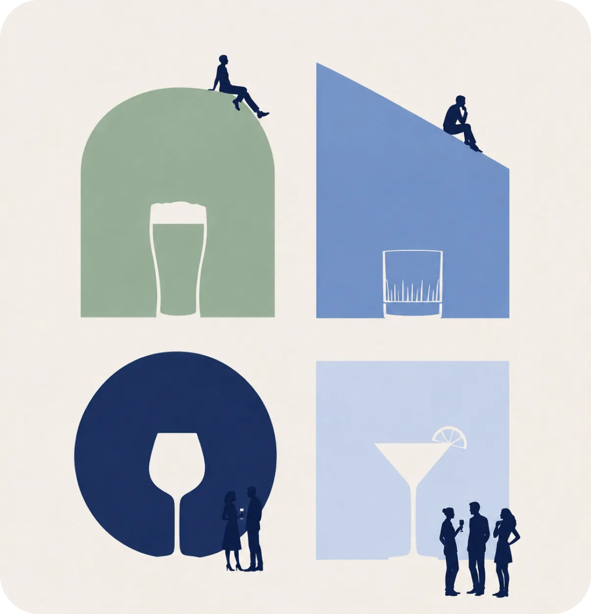 Illustration of four drink occasions: pub, rooftop, wine bar and cocktail party