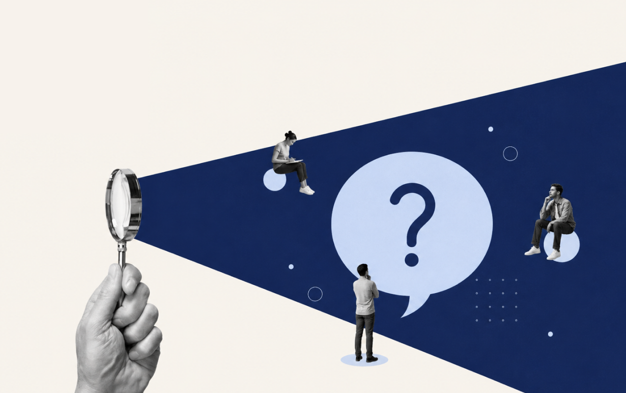 Illustration of a magnifying glass focused on consumers, representing the investigate stage
